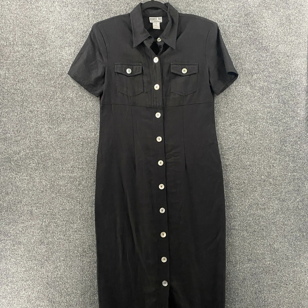Robbie Bee Petite Dress Size 10P Linen Black Button Up Collared Modest Old Money
